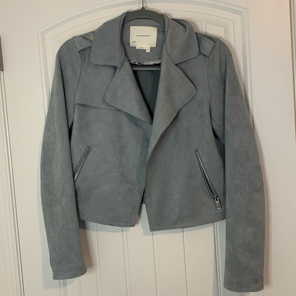 Anthropologie Sky Blue Suede Expressway Moto Crop Jacket